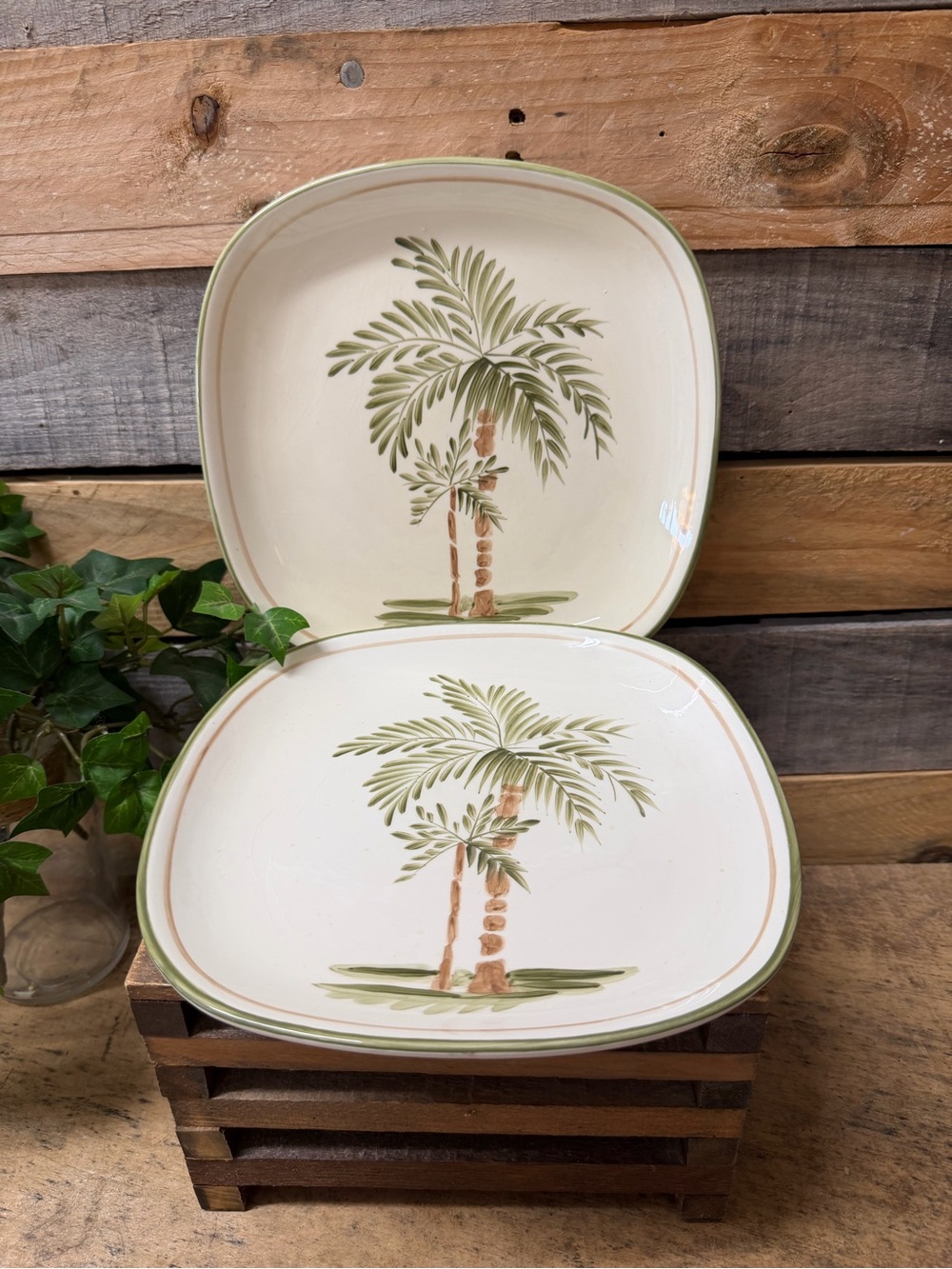 Set of 2 Gibson Design Palm Tree Glazed Ceramic Square Salad  Plates